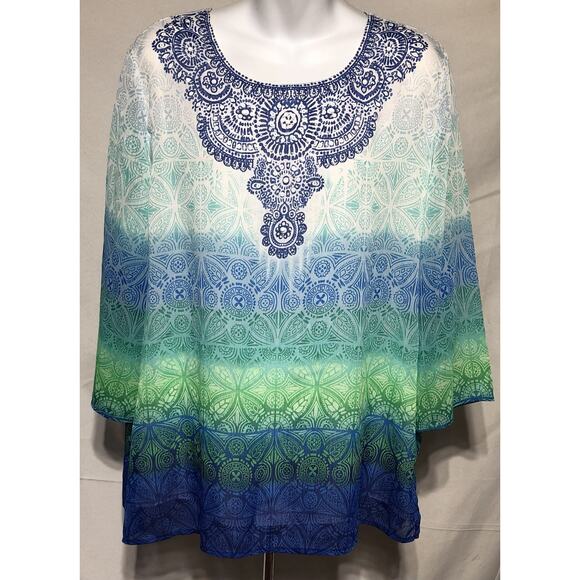 Alfred Dunner Top 18 Green Blue Ombré tie dye 3/4 sleeve flowy boho hippie - Picture 6 of 6